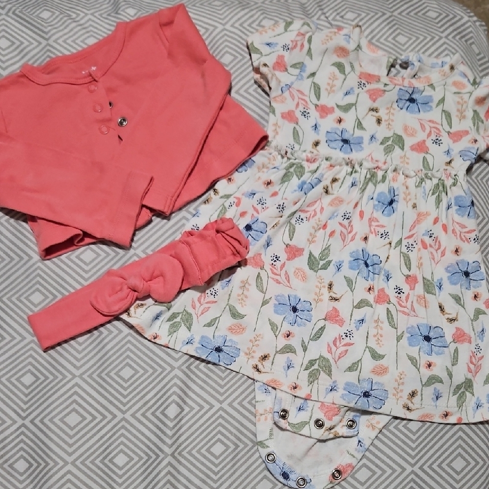 Floral Baby Dress with Pink Cardigan and Headband
